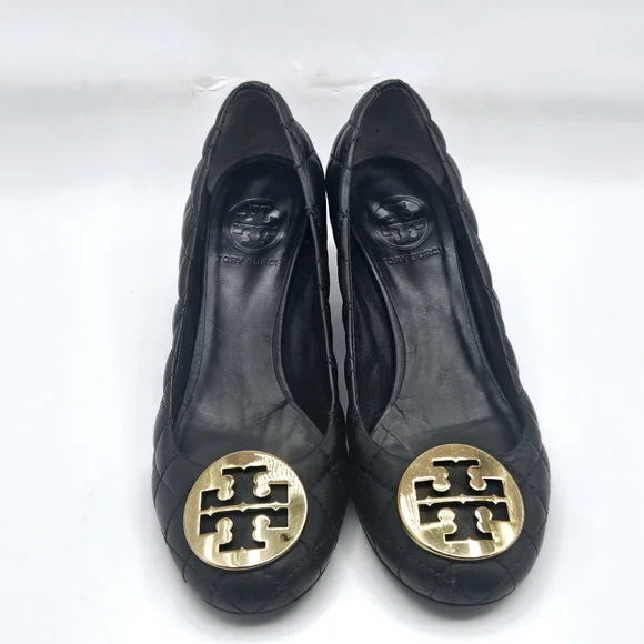 Tory Burch Black Quilted Wedges with Gold Logo - Picture 8 of 15